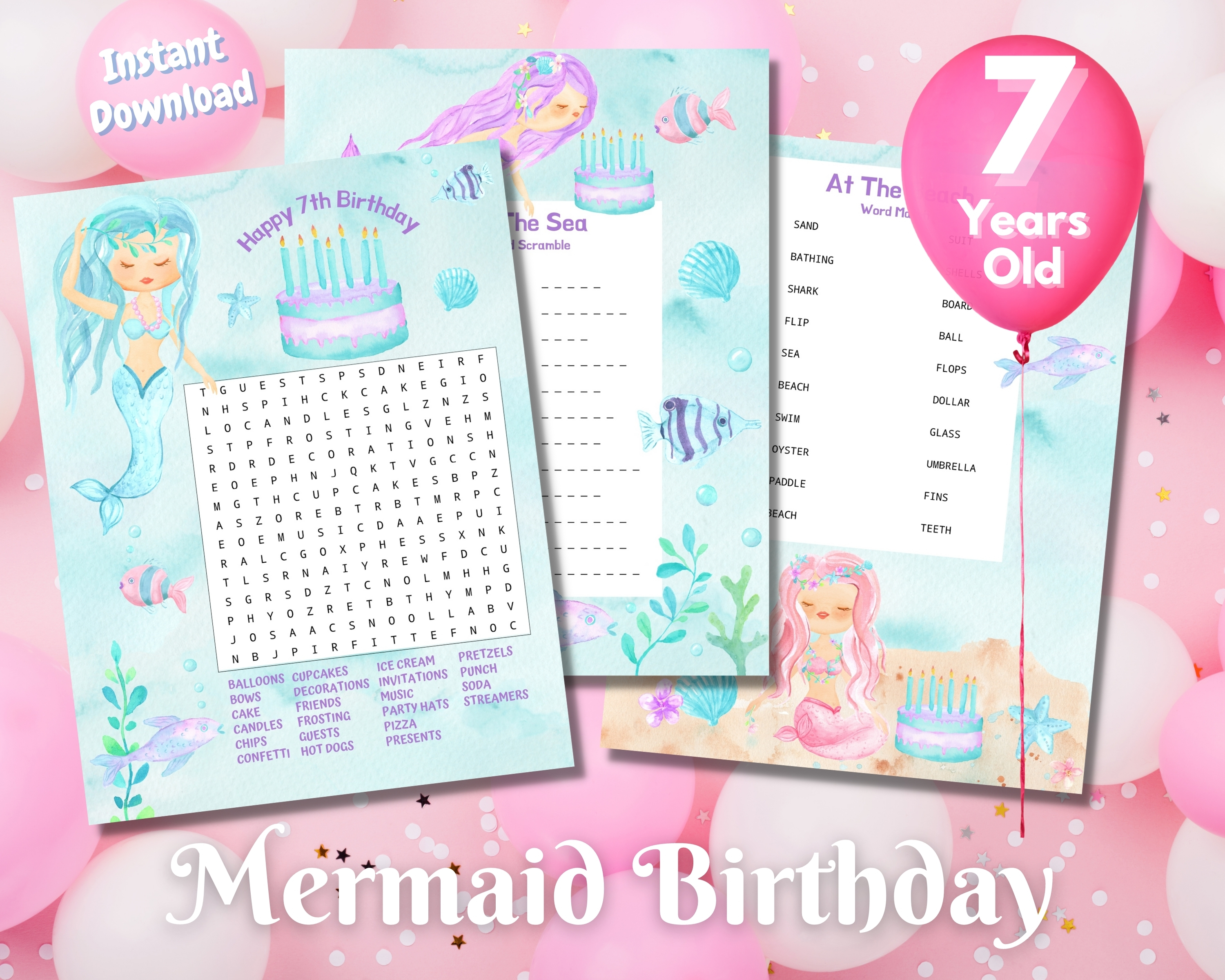 Seventh Mermaid Birthday Word Puzzles - Light Complexion