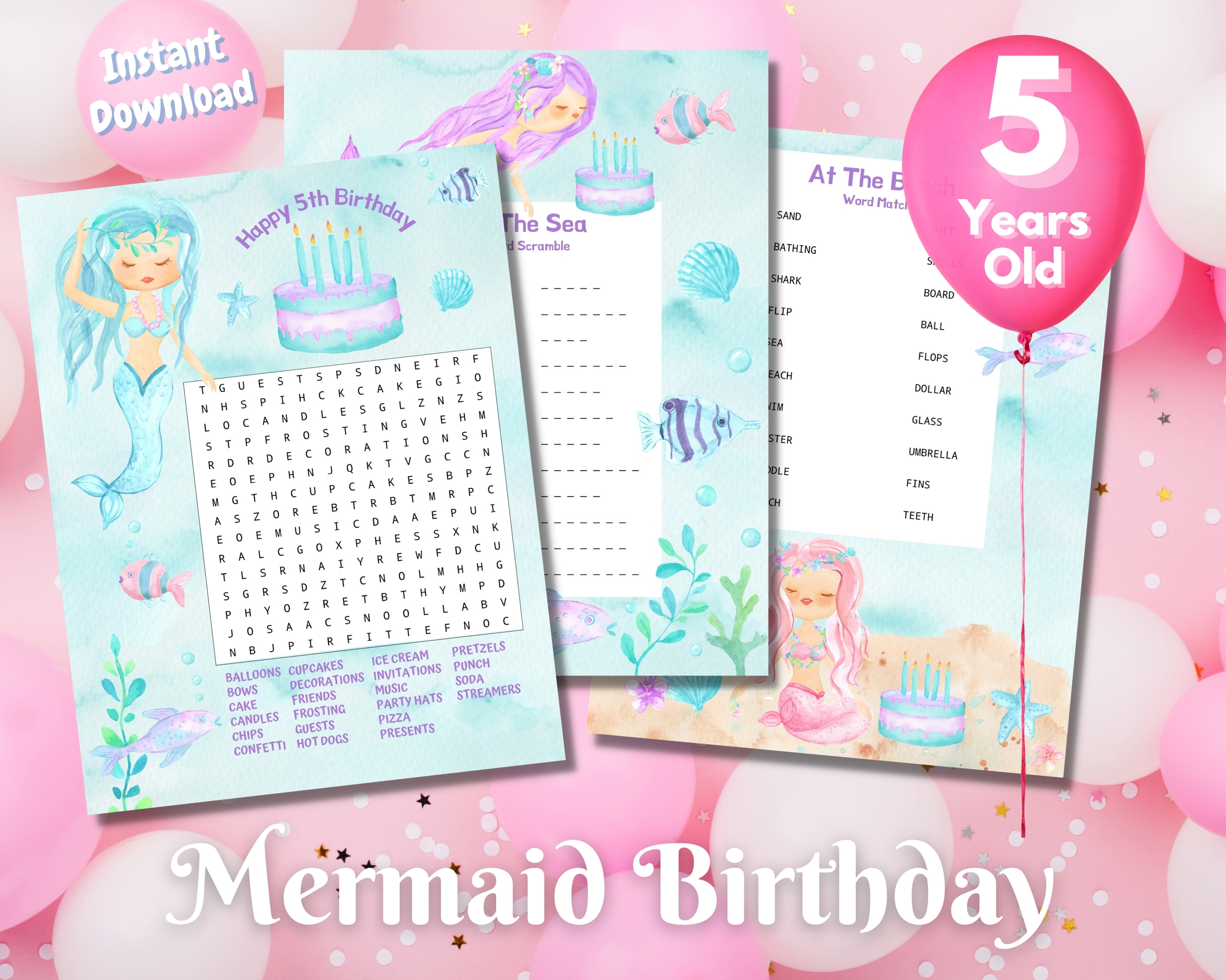 Fifth Mermaid Birthday Word Puzzles - Light Complexion