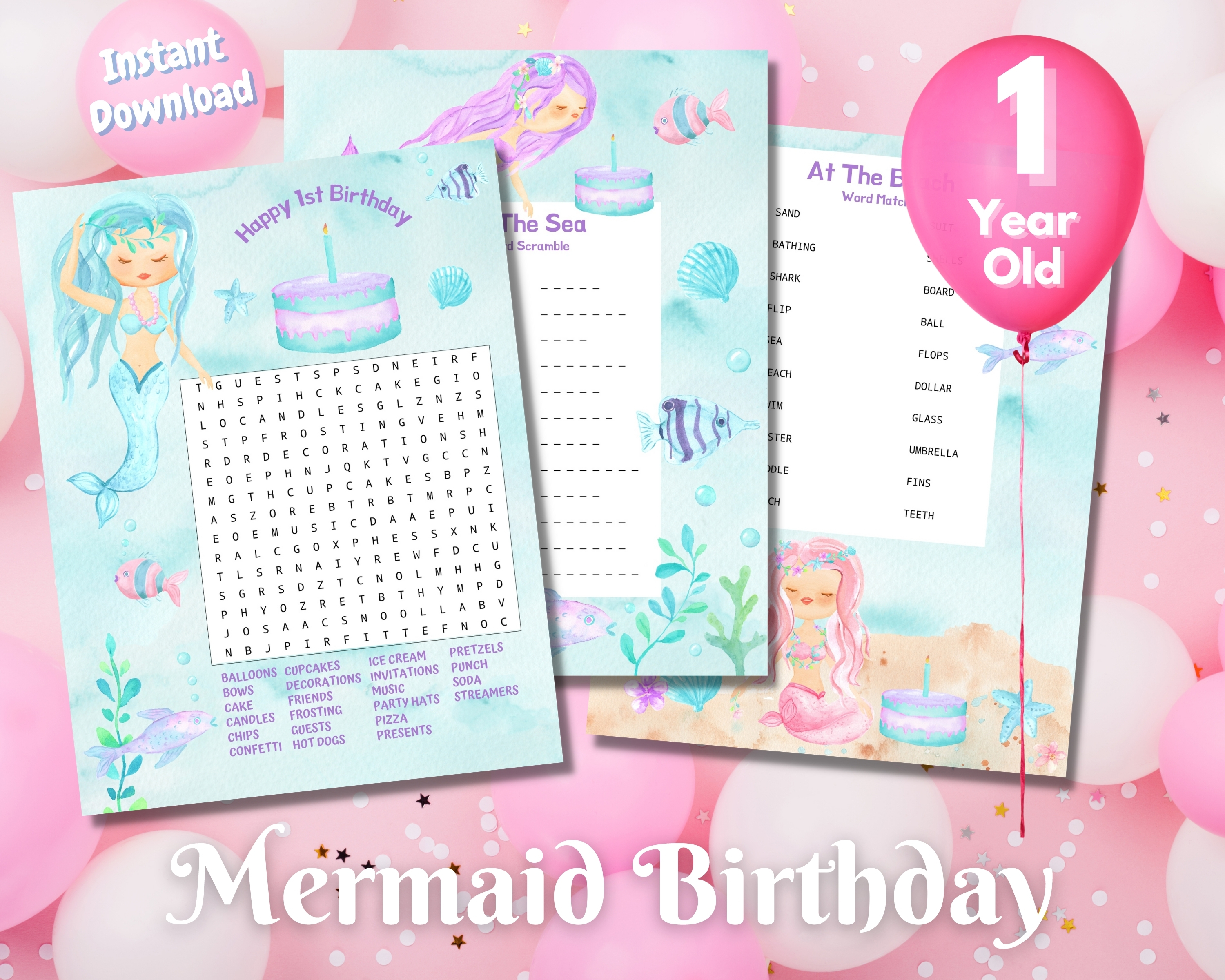 First Mermaid Birthday Word Puzzles - Light Complexion