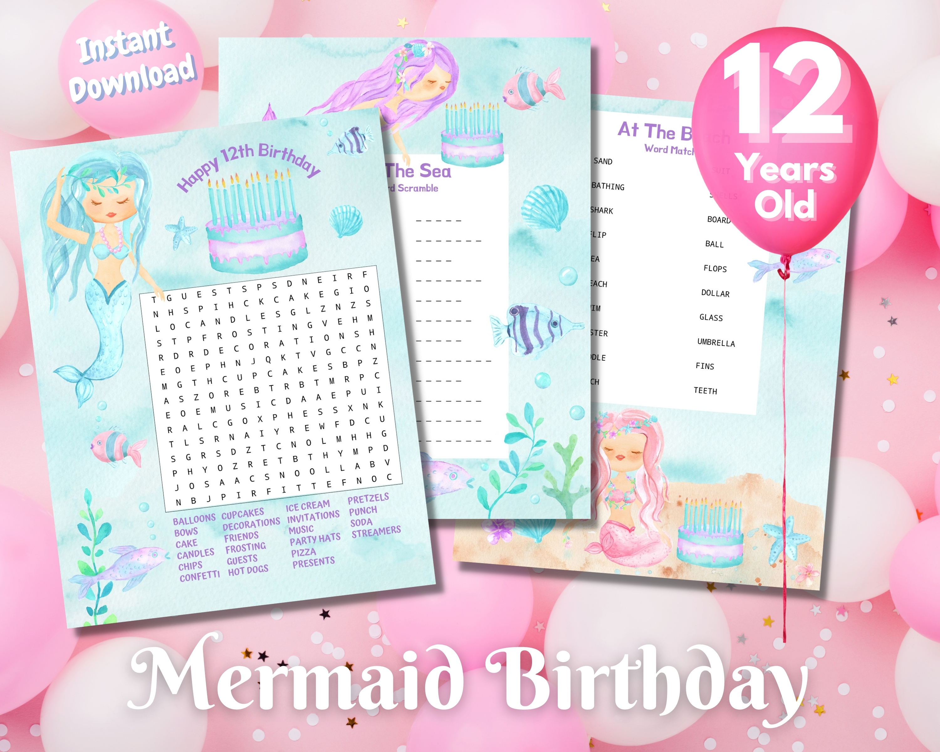 Twelfth Mermaid Birthday Word Puzzles - Light Complexion