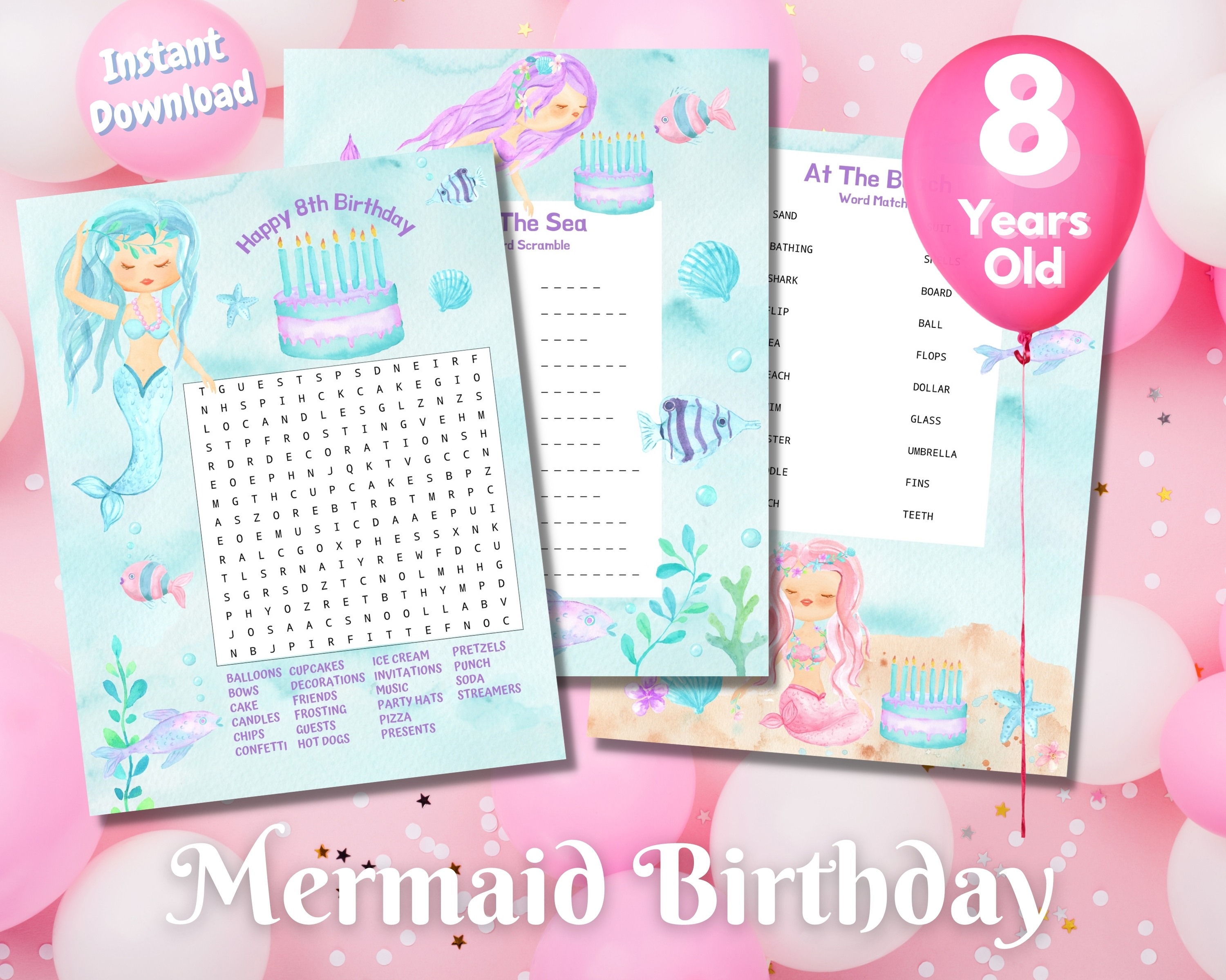 Eighth Mermaid Birthday Word Puzzles - Light Complexion