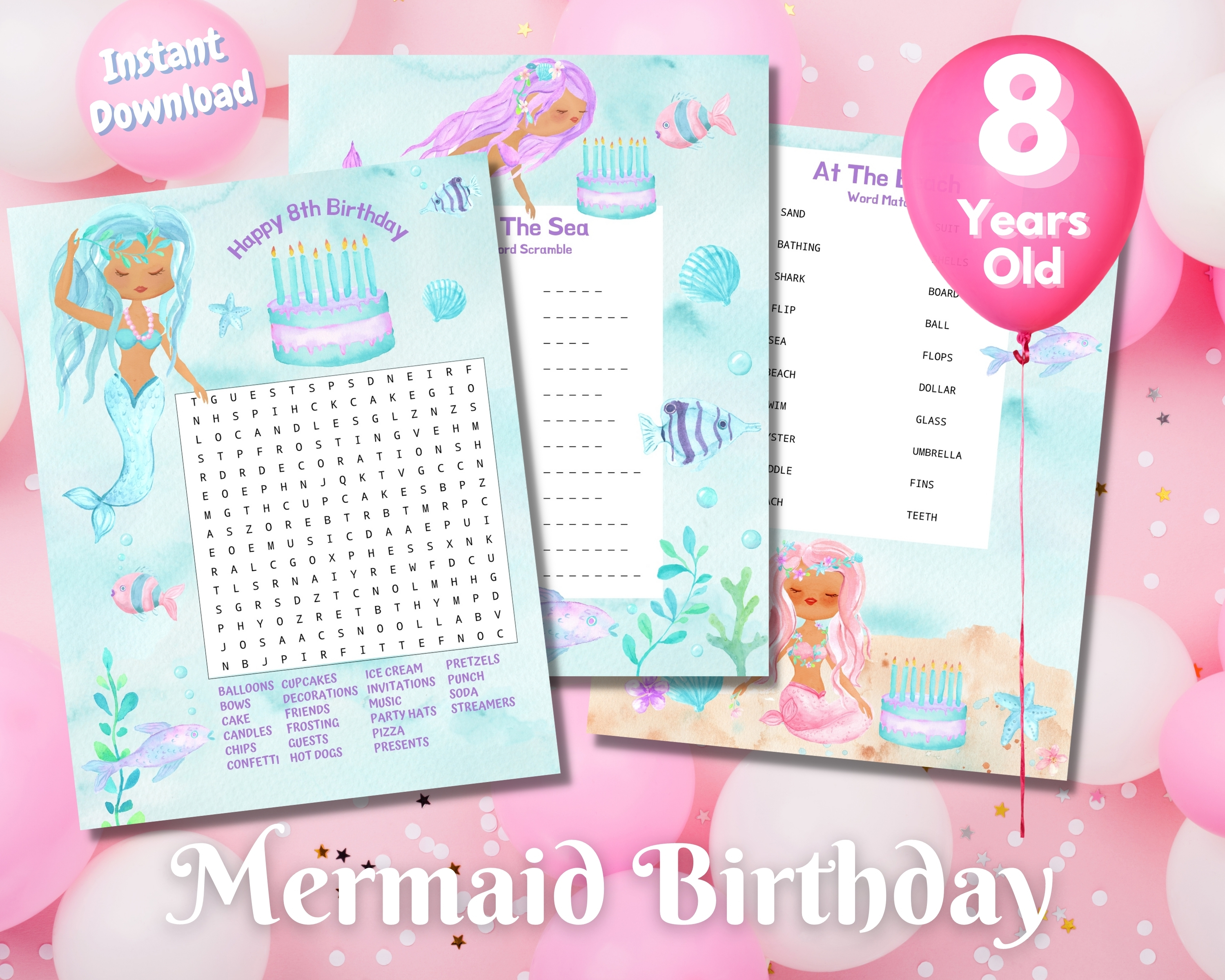 Eighth Mermaid Birthday Word Puzzles - Dark Complexion