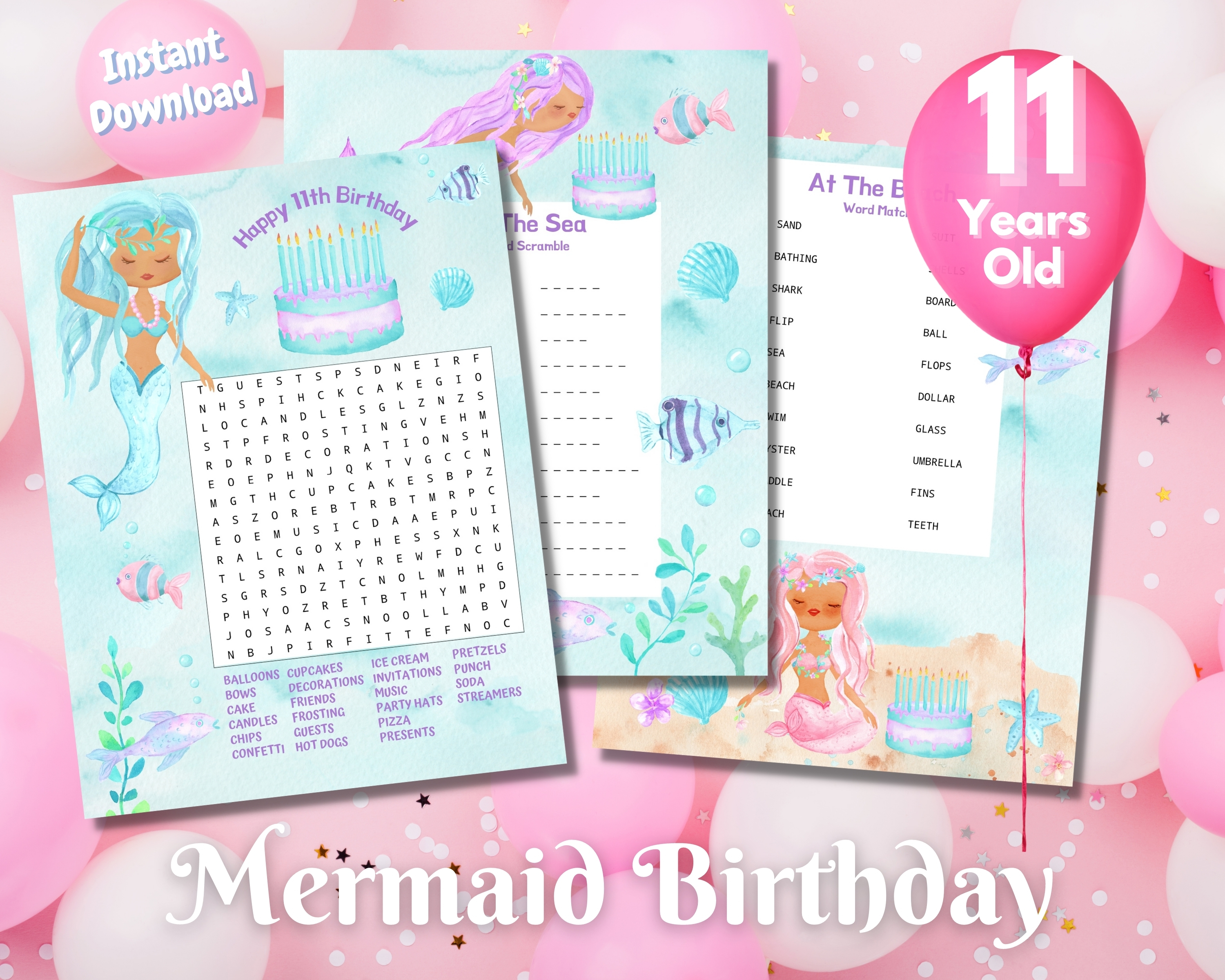 Eleventh Mermaid Birthday Word Puzzles - Dark Complexion